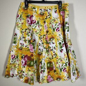Lapis Women's Yellow Summer Floral Midi Skirt Medium Cotton Blend!
